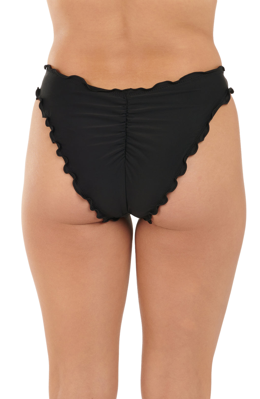 Black bikini bottom with scalloped edges on a white background