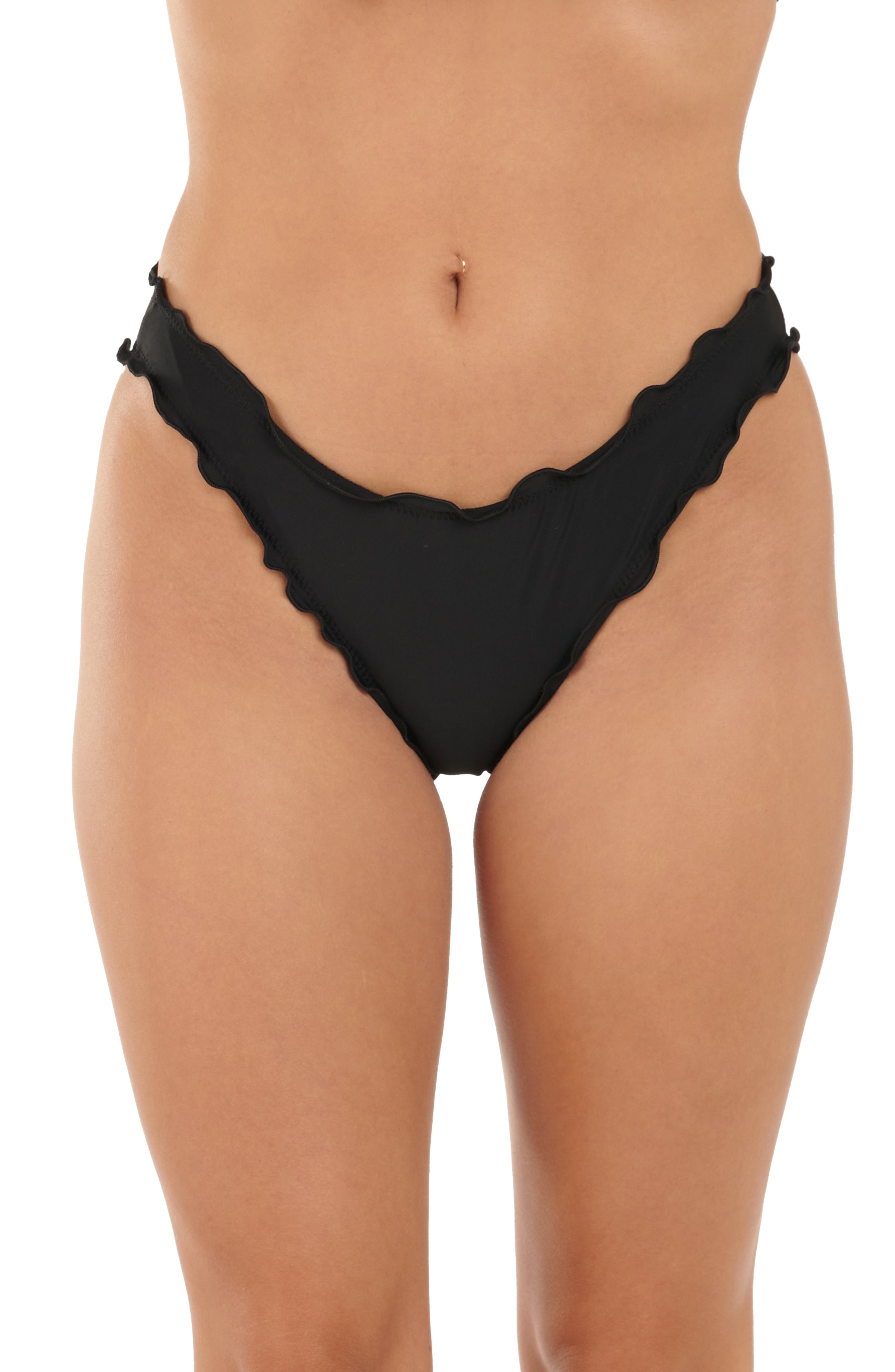 Black bikini bottom with scalloped edges on a white background
