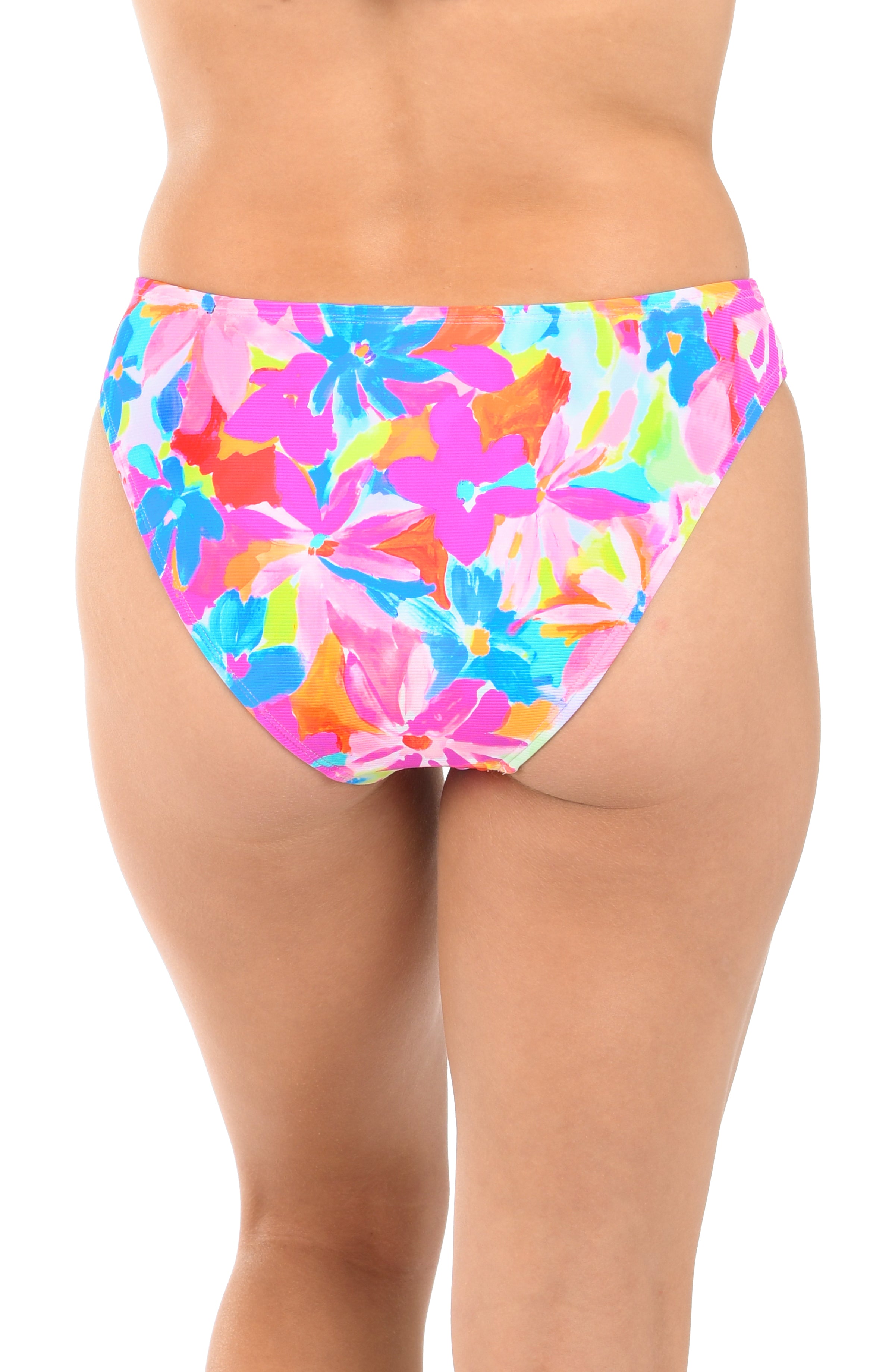 Colorful floral-patterned bikini bottom on a white background
