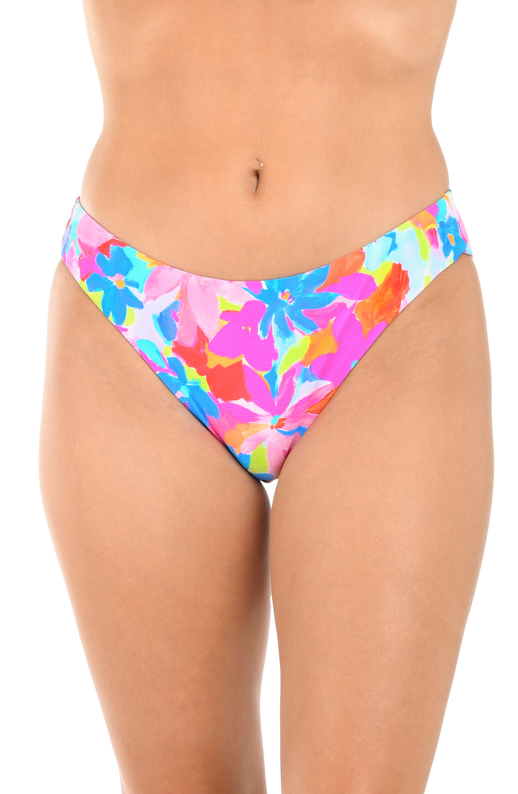 Colorful floral-patterned bikini bottom on a white background
