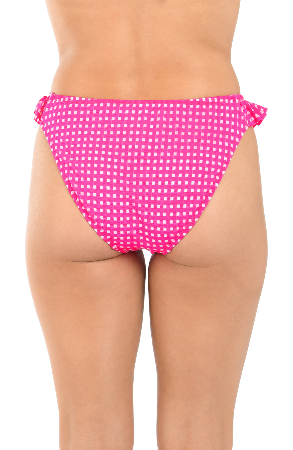 Pink polka dot bikini bottom on a white background