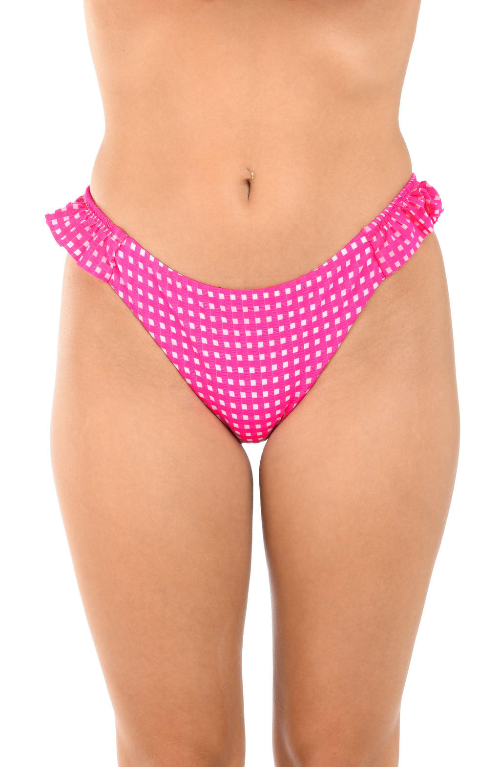 Pink polka dot bikini bottom on a white background