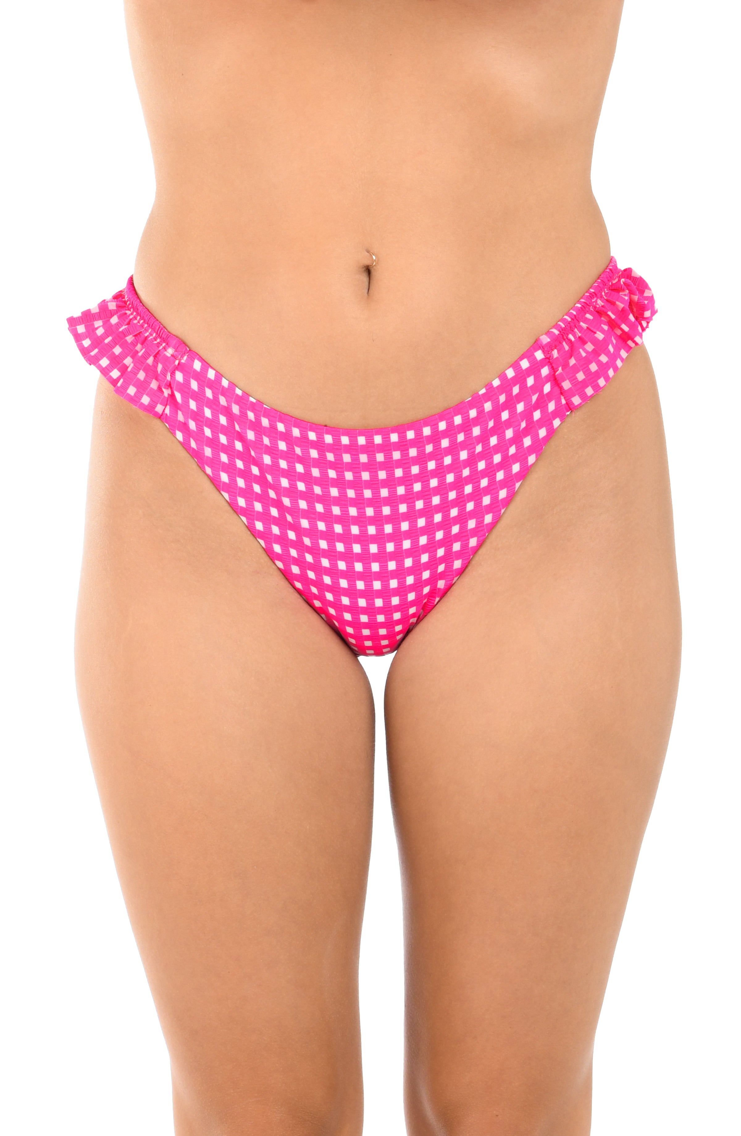 Pink polka dot bikini bottom on a white background