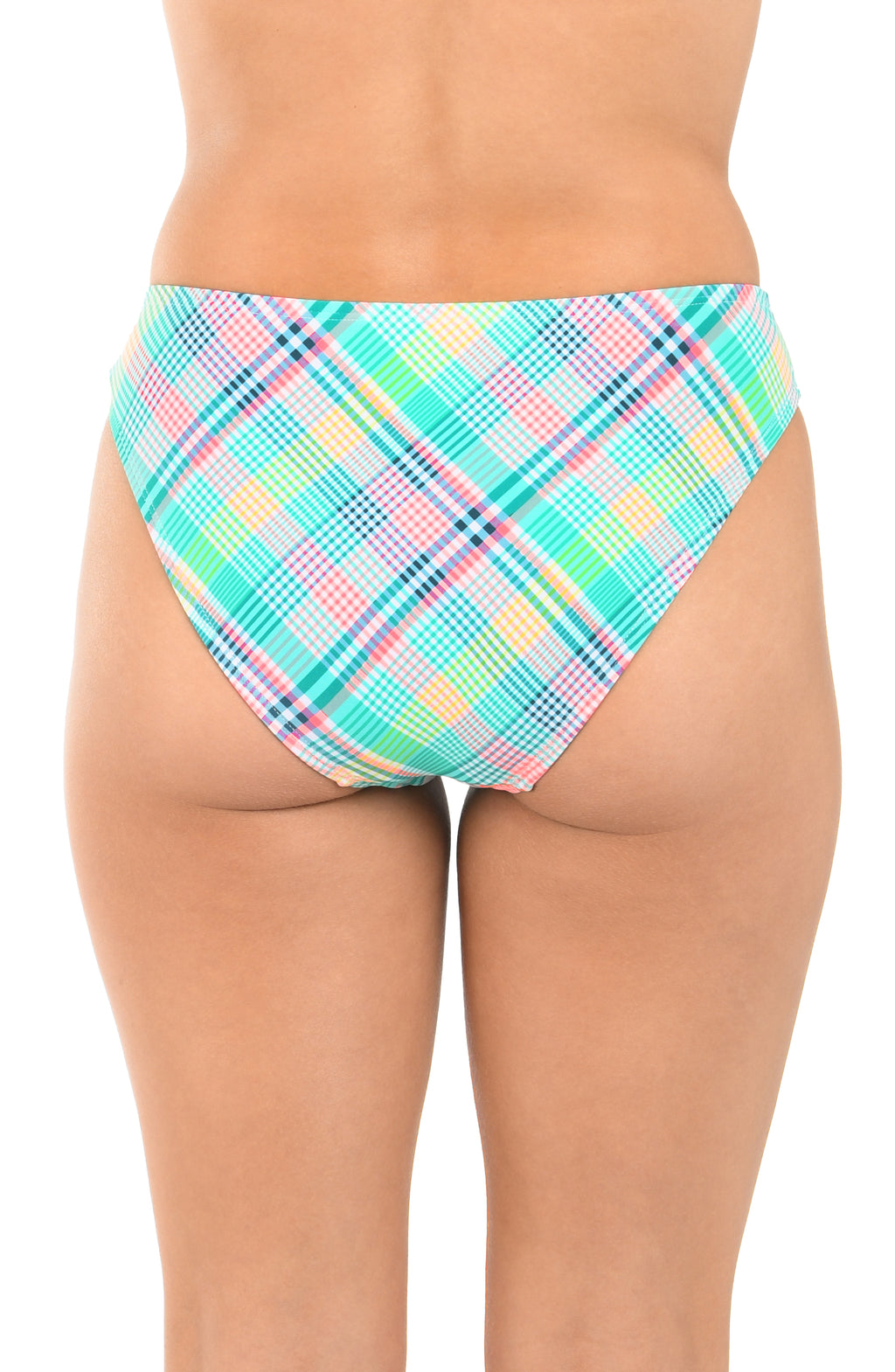 Colorful plaid patterned bikini bottom on a white background