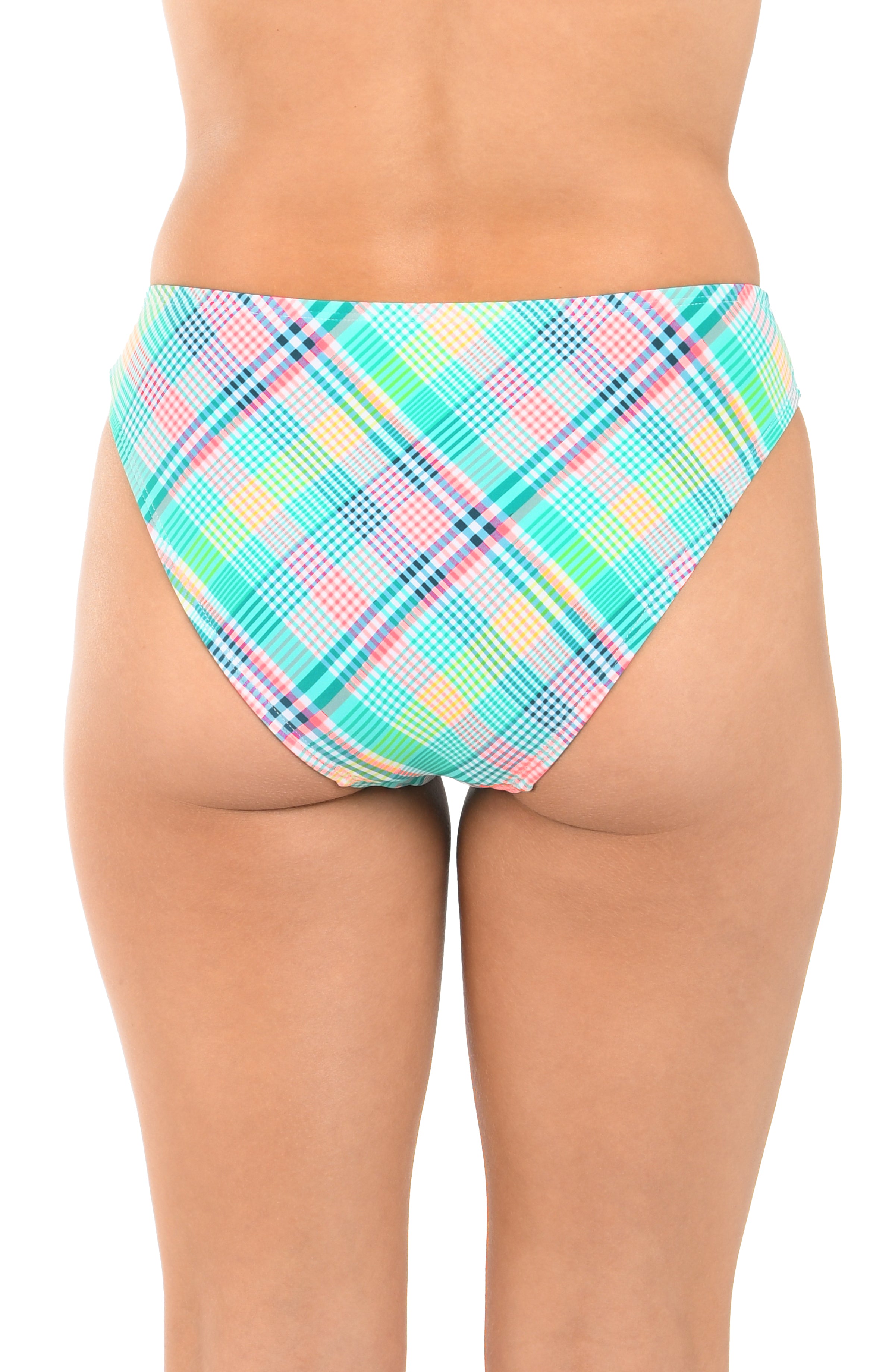 Colorful plaid patterned bikini bottom on a white background