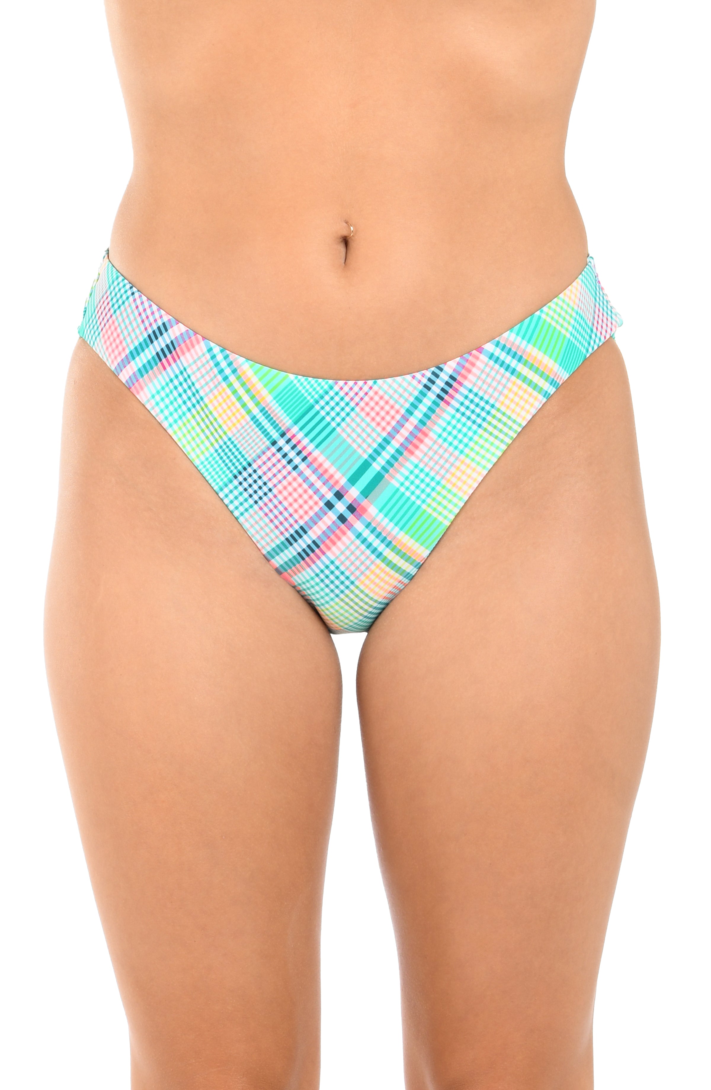 Multicolored plaid bikini bottom on a white background