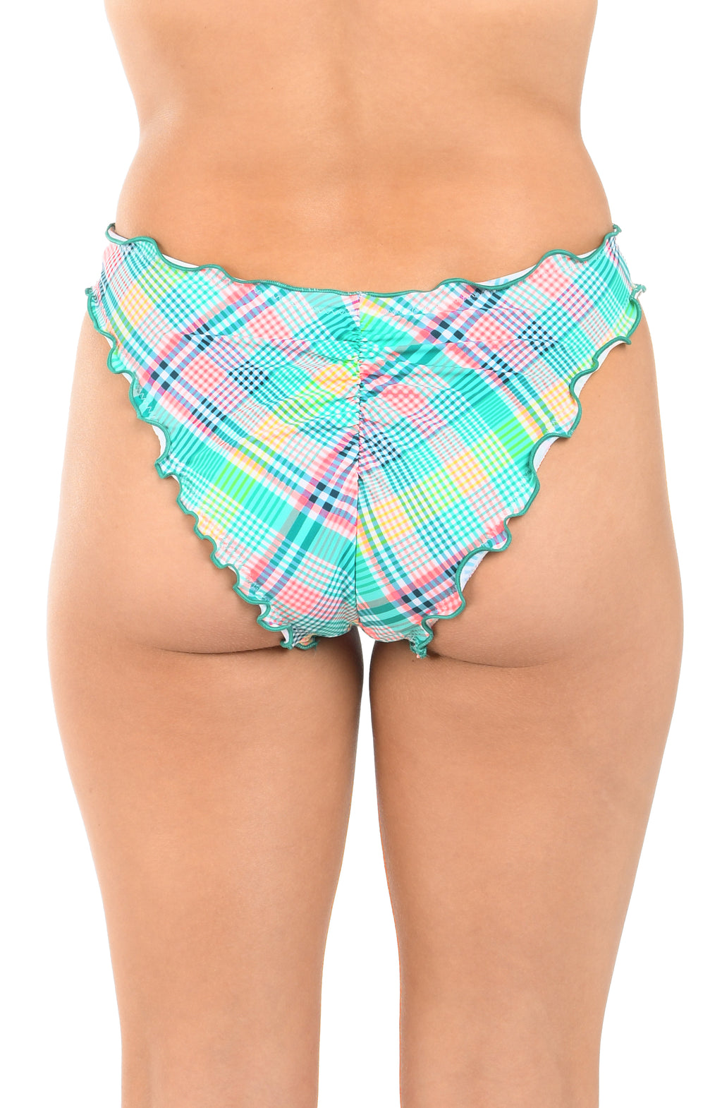 Colorful plaid bikini bottom on a white background