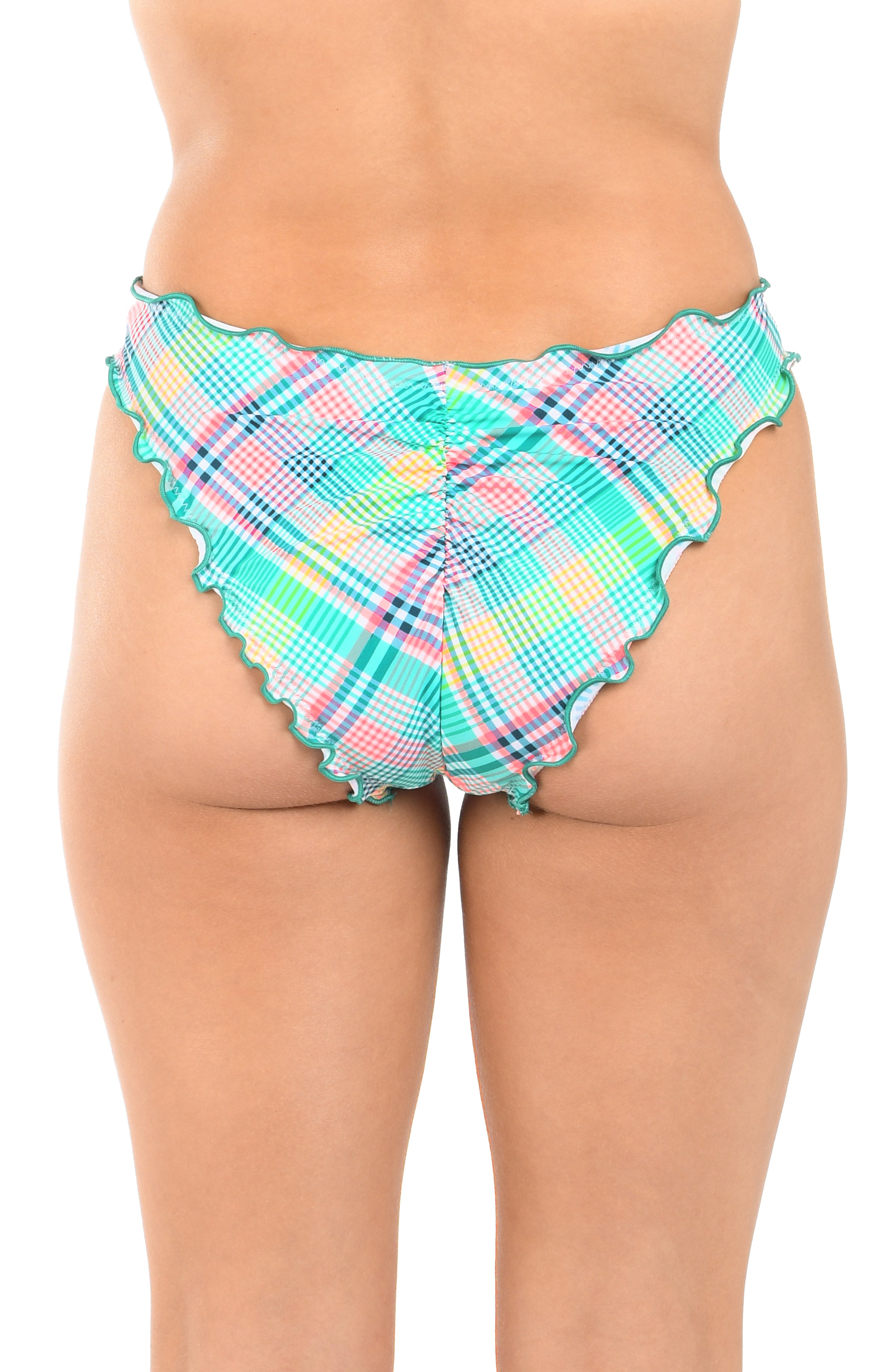 Colorful plaid bikini bottom on a white background