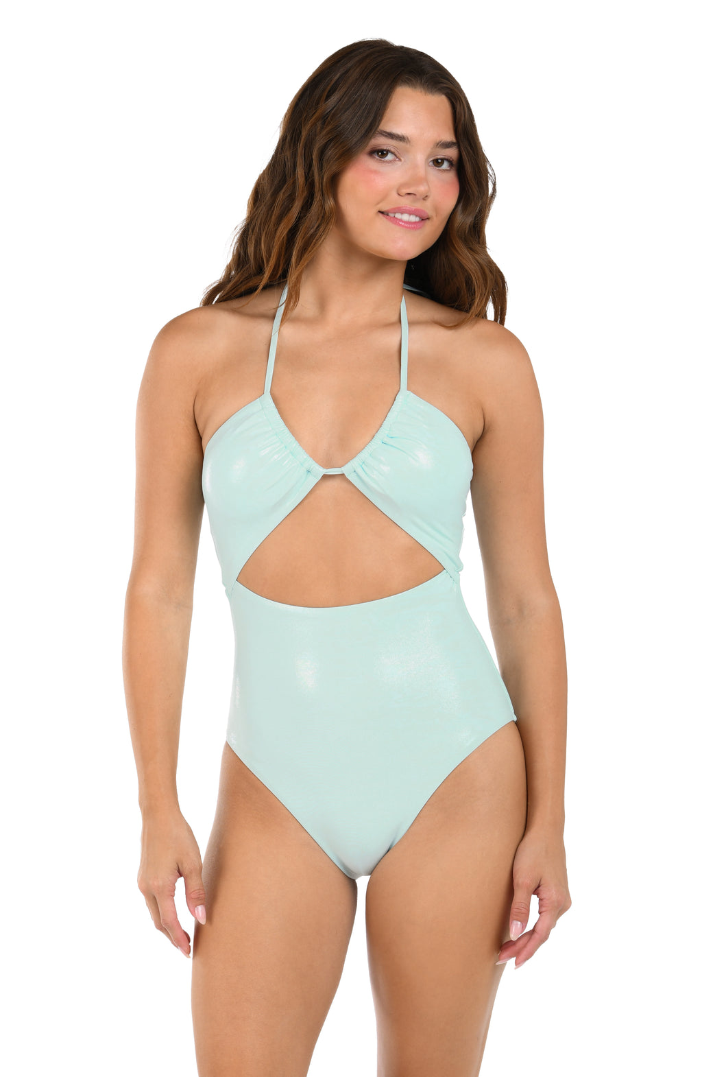 Woman wearing a mint green one piece swimsuit against a white background. 
