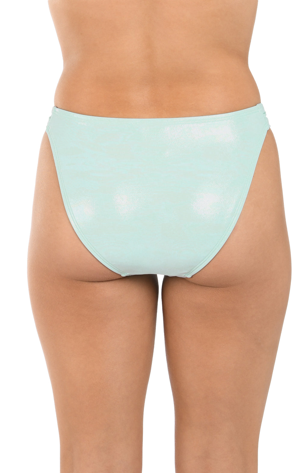 Light blue bikini bottom worn by a person on a white background