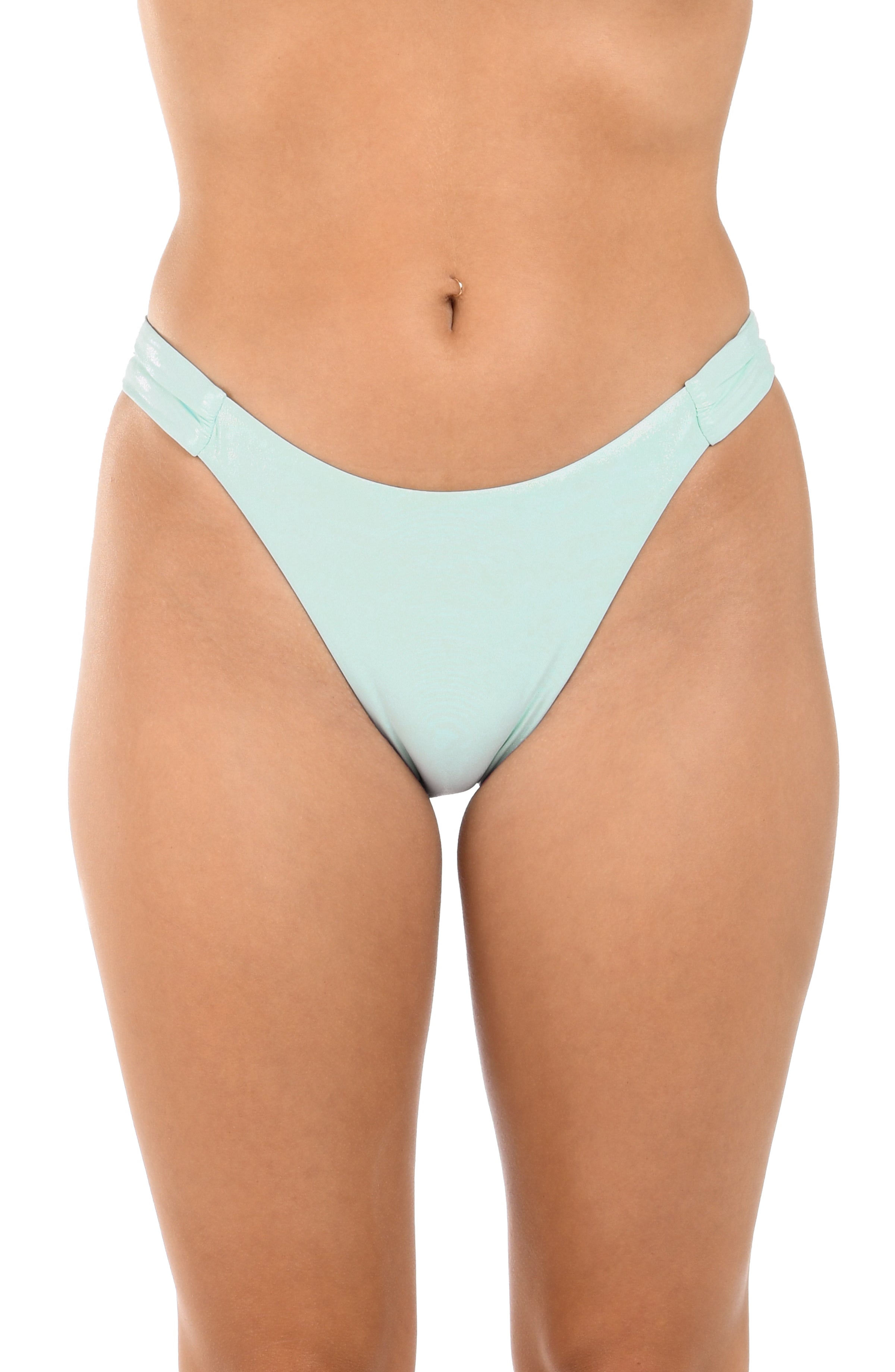 Light blue bikini bottom worn by a person on a white background