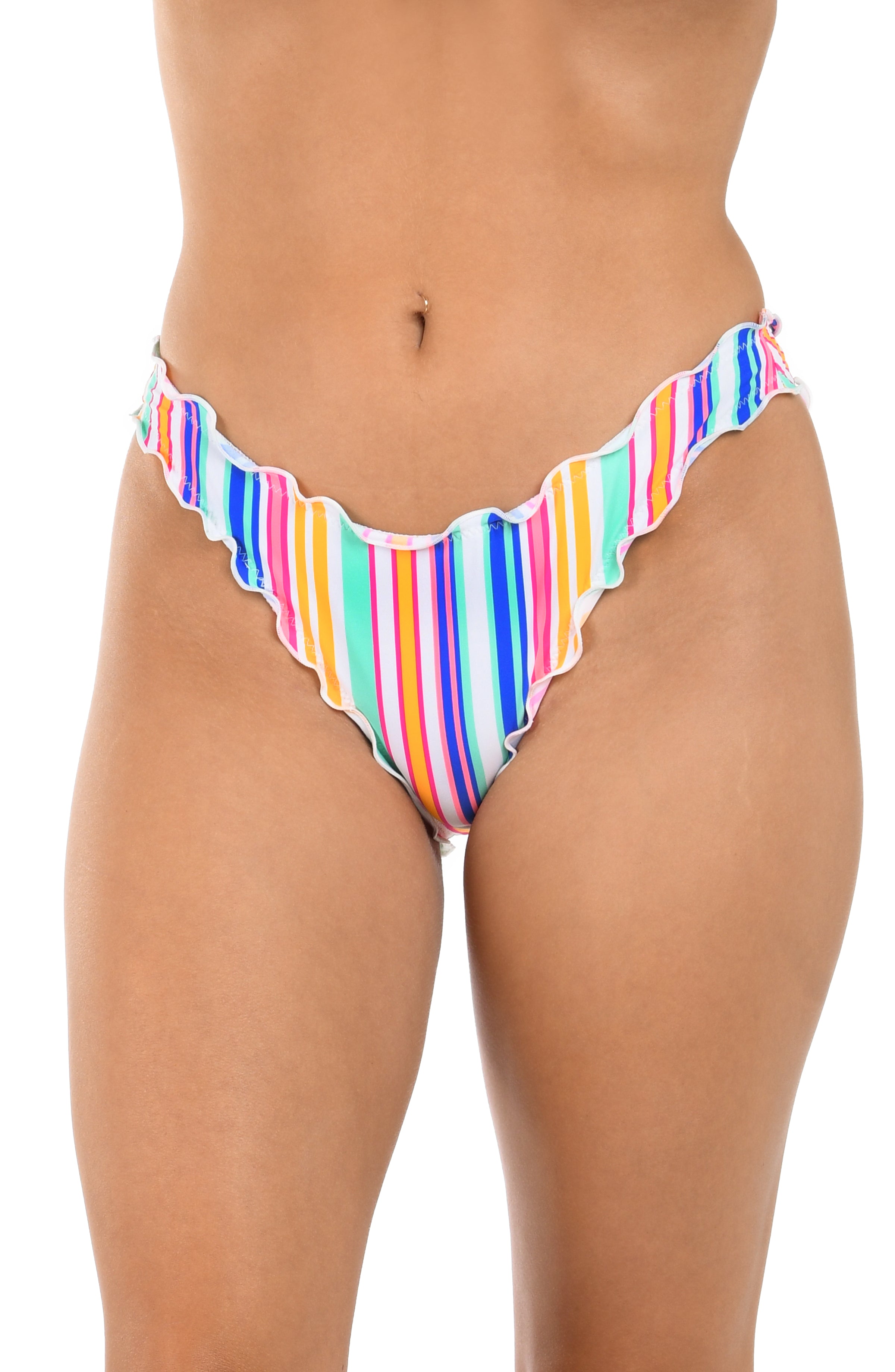 Multicolored striped bikini bottom on a white background