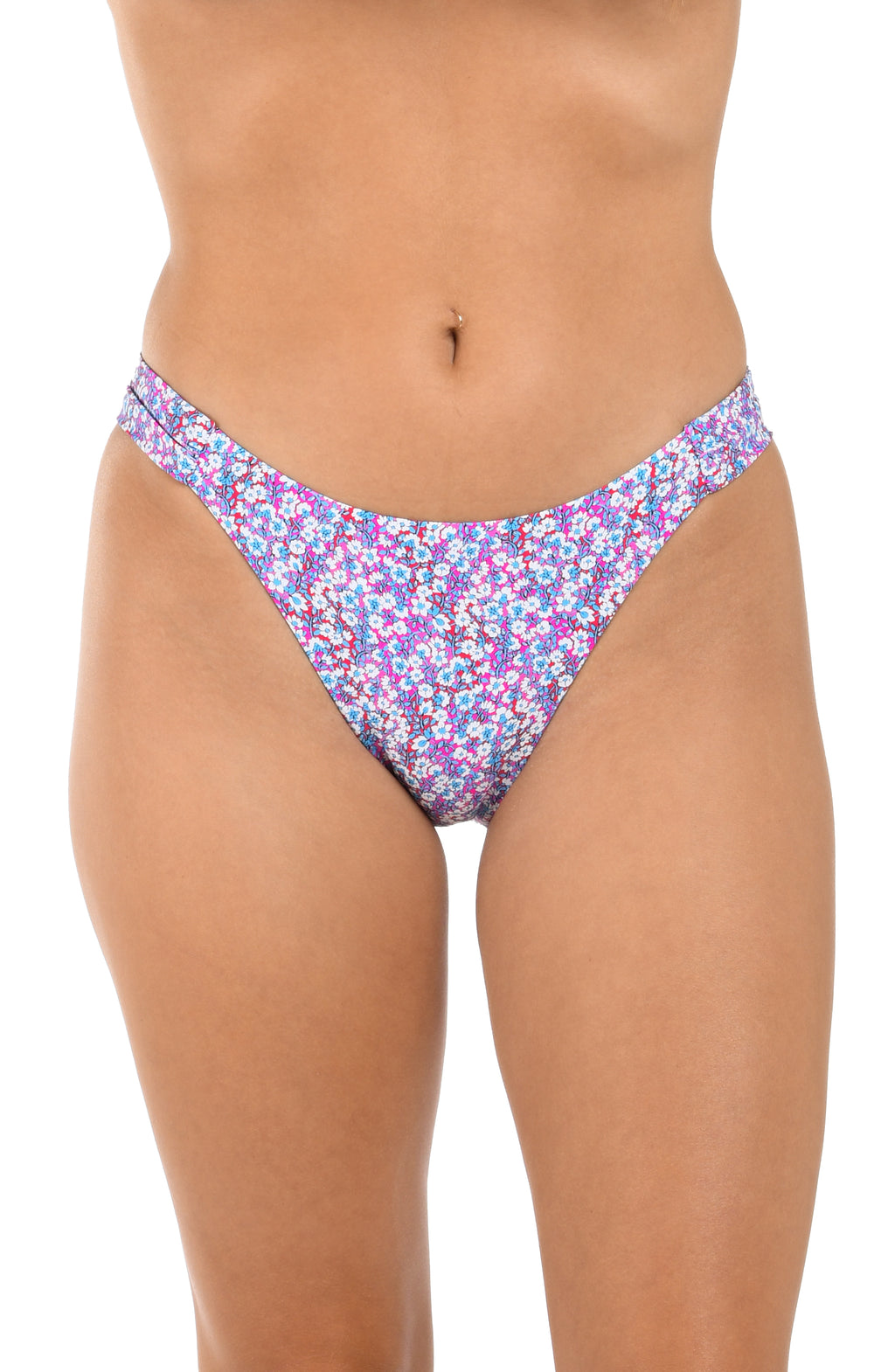 Purple floral bikini bottom worn by a person on a white background