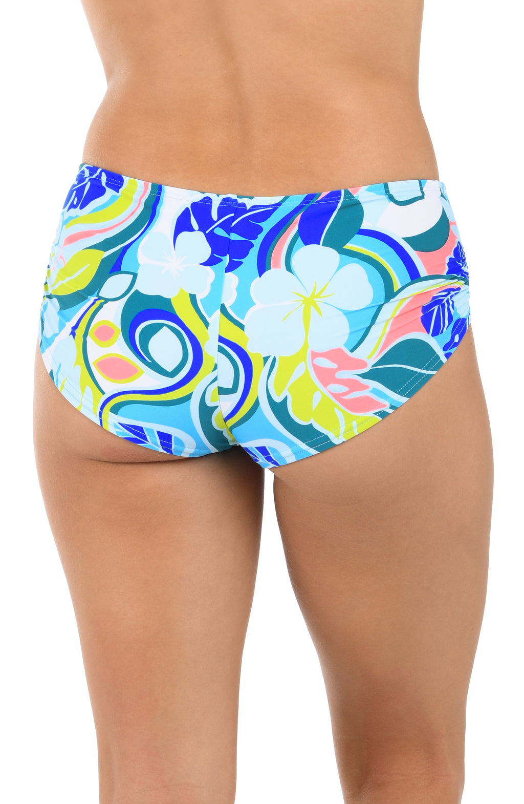 Colorful floral-patterned swim shorts on a white background