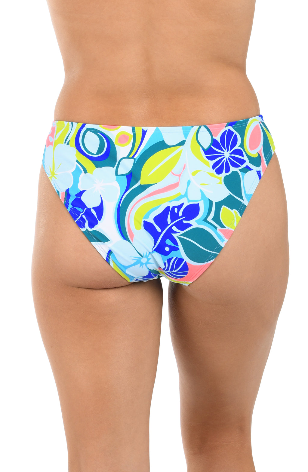 Colorful floral-patterned swim bottoms on a white background