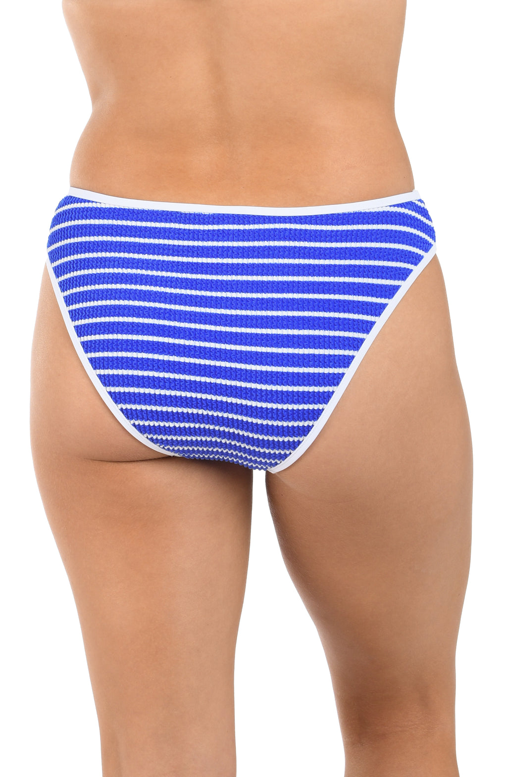 Blue and white striped bikini bottom on a white background