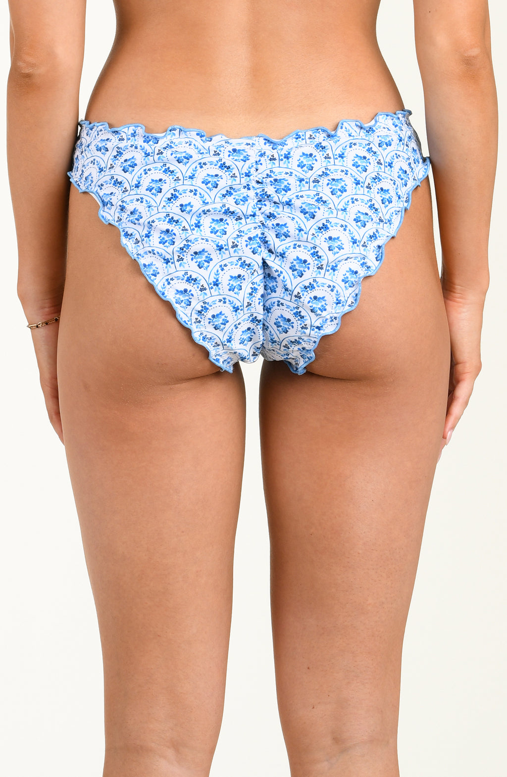Blue floral-patterned bikini bottom on a white background