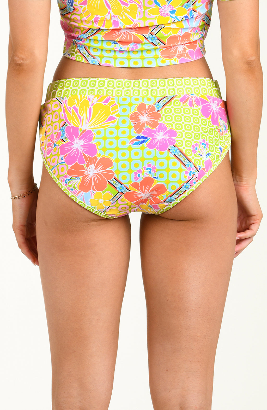 Colorful floral high-waisted bikini bottom on a white background