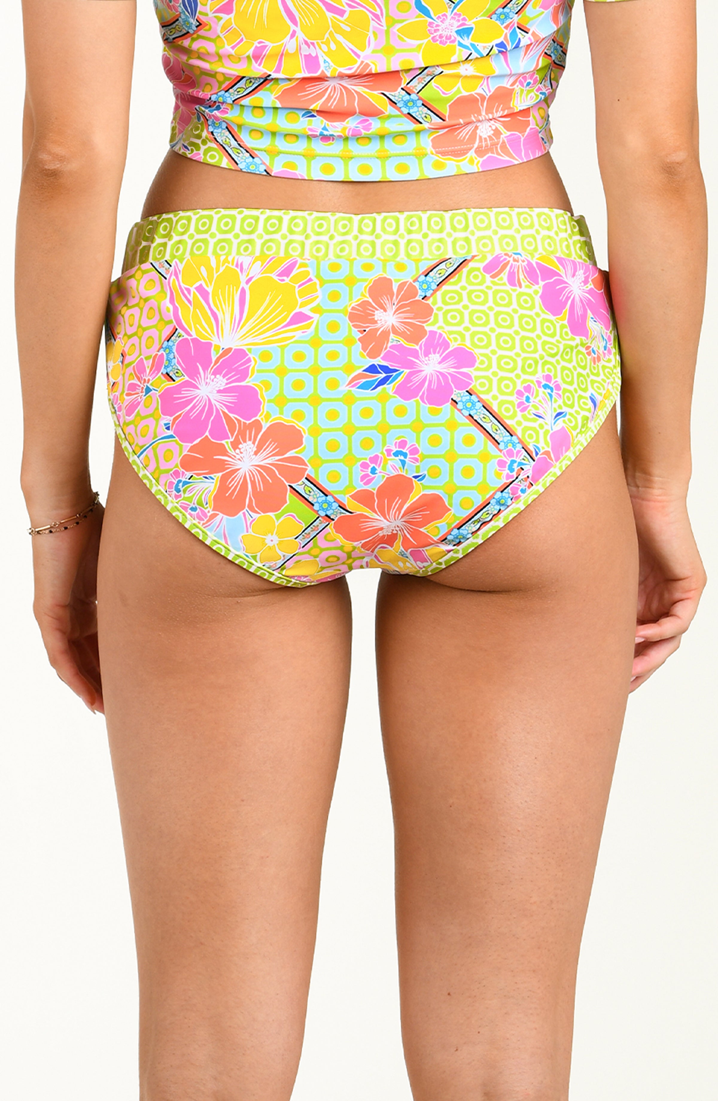 Colorful floral high-waisted bikini bottom on a white background