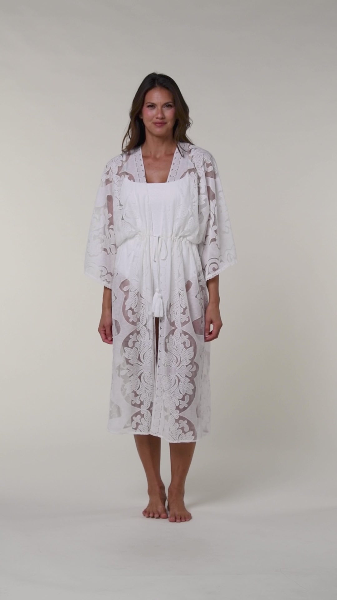 Video of a woman wearing a white lace kimono on a plain background