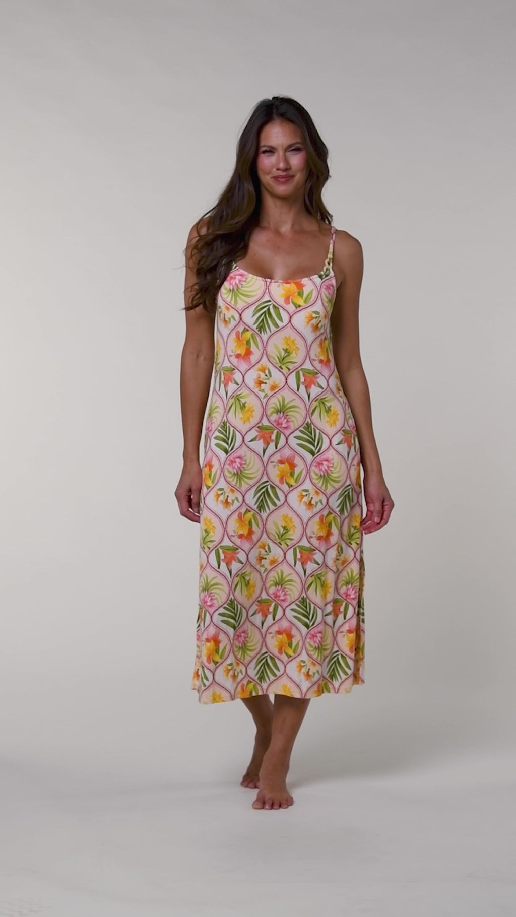 Video of a woman wearing a multicolored floral cover up maxi dress on a white background